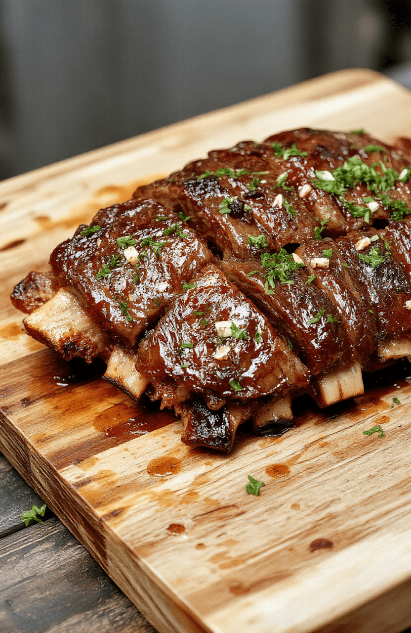 Fall-off-the-bone tender braised short ribs resting on a rustic wooden board, glistening with rich brown glaze, surrounded by caramelized onions, fresh thyme sprigs, and roasted baby carrots; shallow depth of field, natural daylight, soft shadows, appetizing textures