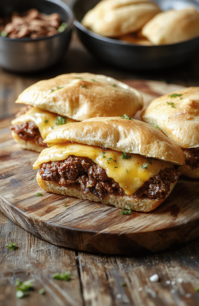 Two thick slices of toasted rye bread hold tender slow-cooked beef piled high, melted sharp cheddar oozing over the edges, with pickles and caramelized onions on the side on a rustic wooden board.