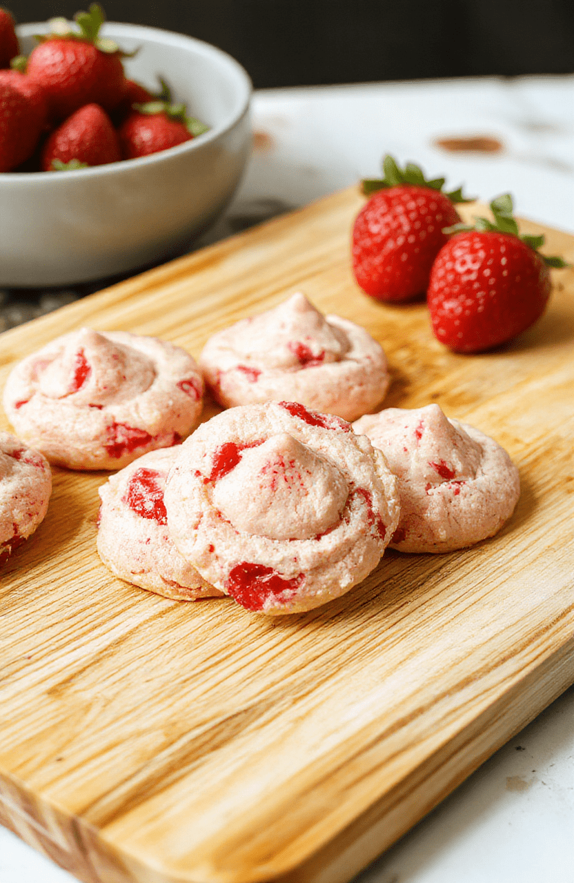 Two warm, soft strawberry kiss cookies on a rustic wooden cutting board, lightly dusted with powdered sugar, revealing delicate pink interiors and smooth white kiss centers; natural daylight highlights their Chewy texture and fresh berry flecks.