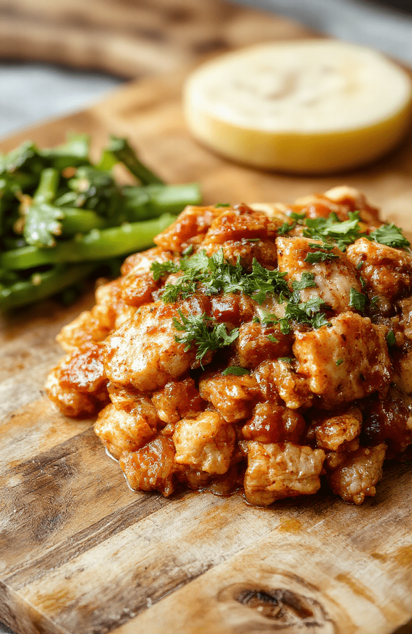 A rustic cast-iron skillet filled with vibrant, chunky spicy cajun chicken jambalaya: golden-brown chicken pieces, plump rice, tender bell peppers, onions, celery, and smoked sausage, all simmered in a rich, reddish-brown roux-based sauce. Garnished with fresh parsley and a side of hot sauce, served on a wooden table under soft natural light.