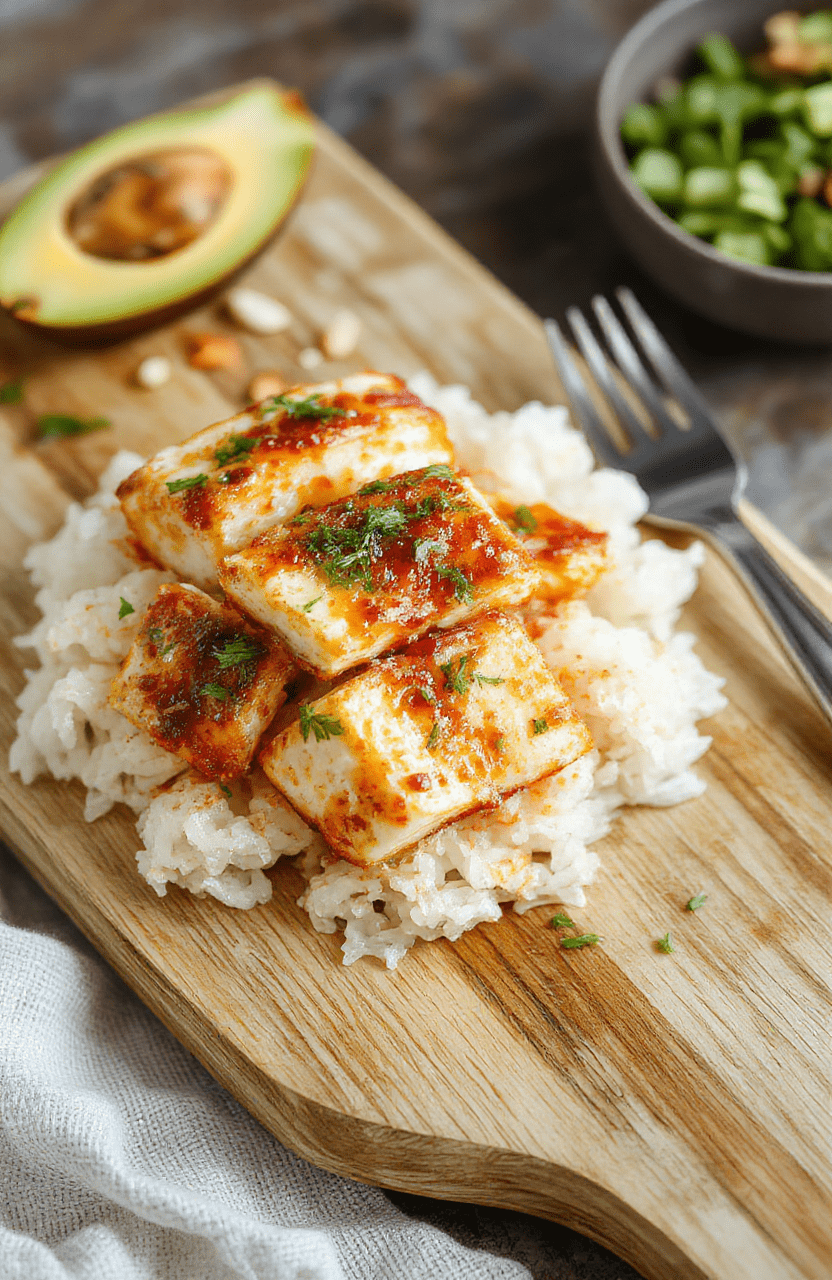 Vibrant bowl of golden-crispy tofu cubes in creamy pinkish-red spicy coconut sauce, garnished with fresh cilantro, lime wedges, and sliced green onions, served over steamed jasmine rice with visible texture contrast between crispy tofu and glossy sauce.