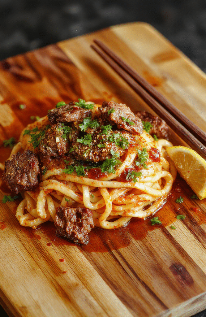 Close-up of steaming spicy cumin lamb noodles in a white ceramic bowl: tender chewy wheat noodles tangled with seared lamb strips, scattered green onions, and toasted sesame seeds, with vibrant red chili oil glistening on top and faint steam rising, against a natural wooden tabletop in soft daylight.