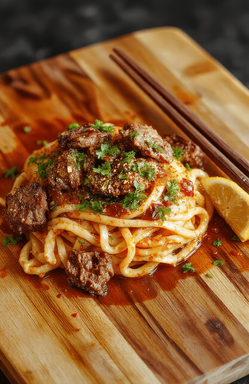 Close-up of steaming spicy cumin lamb noodles in a white ceramic bowl: tender chewy wheat noodles tangled with seared lamb strips, scattered green onions, and toasted sesame seeds, with vibrant red chili oil glistening on top and faint steam rising, against a natural wooden tabletop in soft daylight.