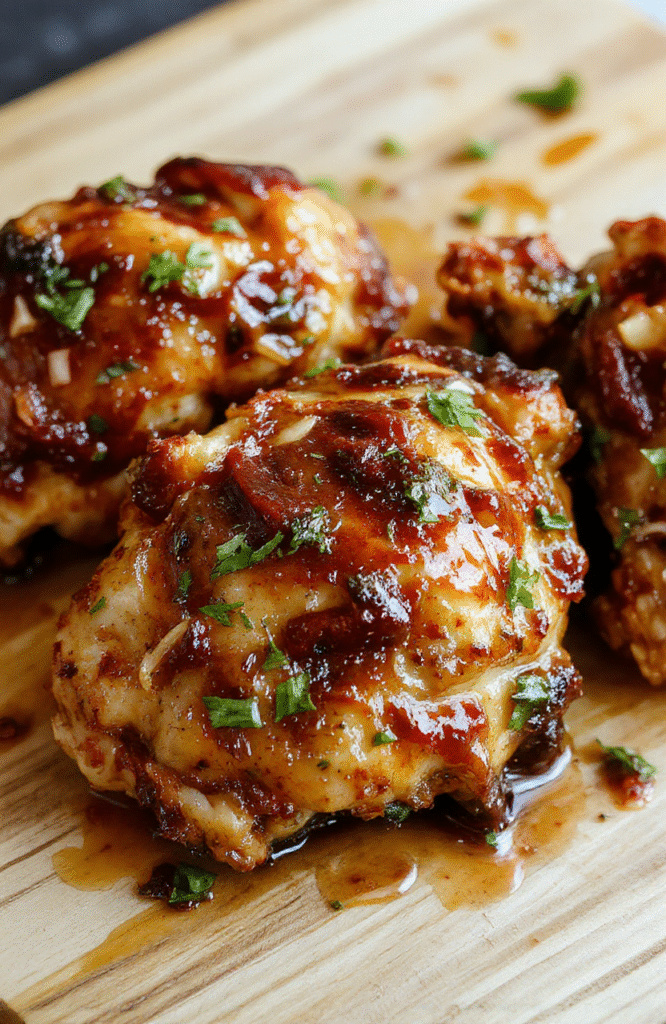 Glossy caramel-colored sticky brown sugar garlic chicken pieces on a white ceramic plate, glistening with glaze, tender and slightly charred at the edges, garnished with sesame seeds and sliced green onions, served alongside roasted broccoli and rice on the side under soft natural light.