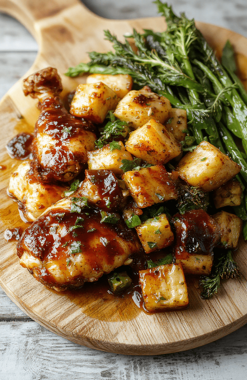 Glossy sticky honey garlic chicken thighs glistening with glaze, placed atop a wooden board beside charred lemon wedges and roasted broccoli florets with crispy edges, dusted with sesame seeds and chopped green onions on a light oak rustic table under soft natural daylight.