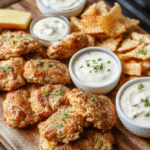 Vibrant super bowl appetizer spread on a rustic wooden board: golden-brown chicken tenders, colorful veggie sticks with creamy ranch dip,Cheesy baked jalapeño poppers, tortilla chips with multicolor guacamole and queso dip, mini sliders, and berry-filled chocolate-dipped cookies arranged in sections.