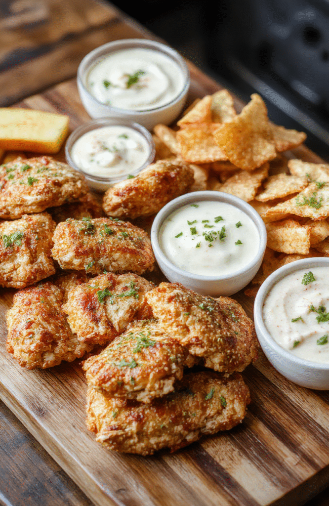 Vibrant super bowl appetizer spread on a rustic wooden board: golden-brown chicken tenders, colorful veggie sticks with creamy ranch dip,Cheesy baked jalapeño poppers, tortilla chips with multicolor guacamole and queso dip, mini sliders, and berry-filled chocolate-dipped cookies arranged in sections.