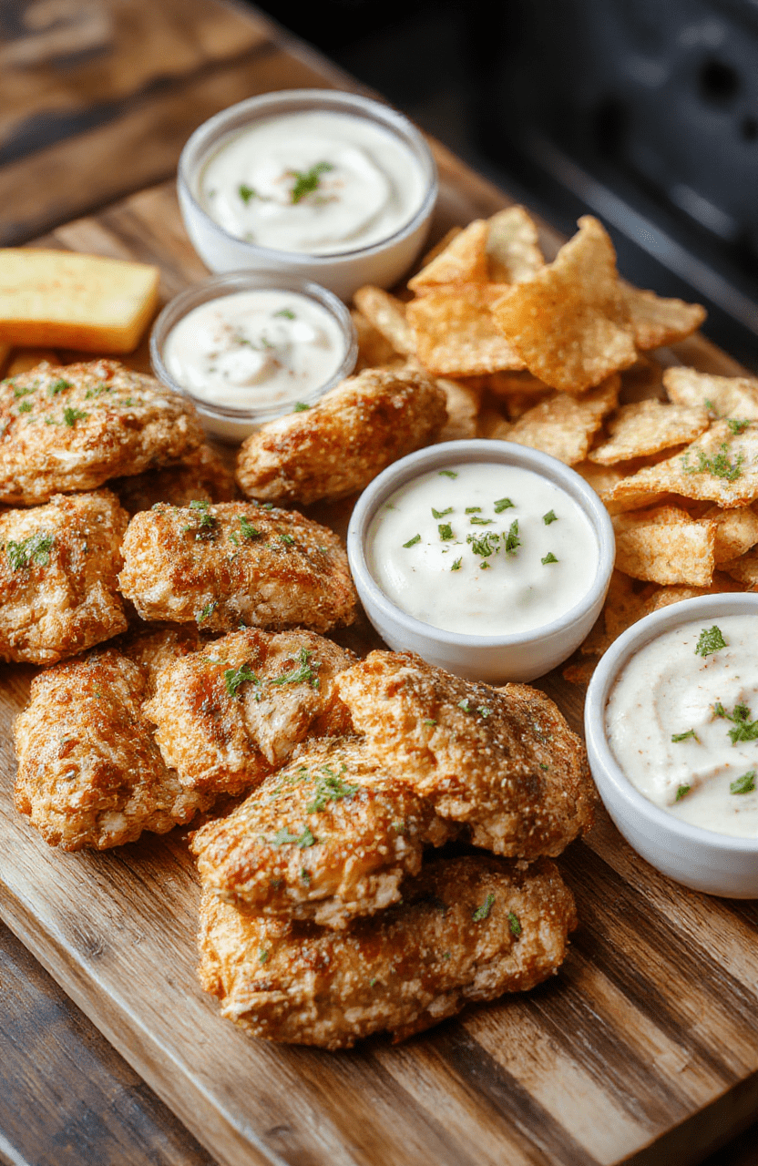 Vibrant super bowl appetizer spread on a rustic wooden board: golden-brown chicken tenders, colorful veggie sticks with creamy ranch dip,Cheesy baked jalapeño poppers, tortilla chips with multicolor guacamole and queso dip, mini sliders, and berry-filled chocolate-dipped cookies arranged in sections.