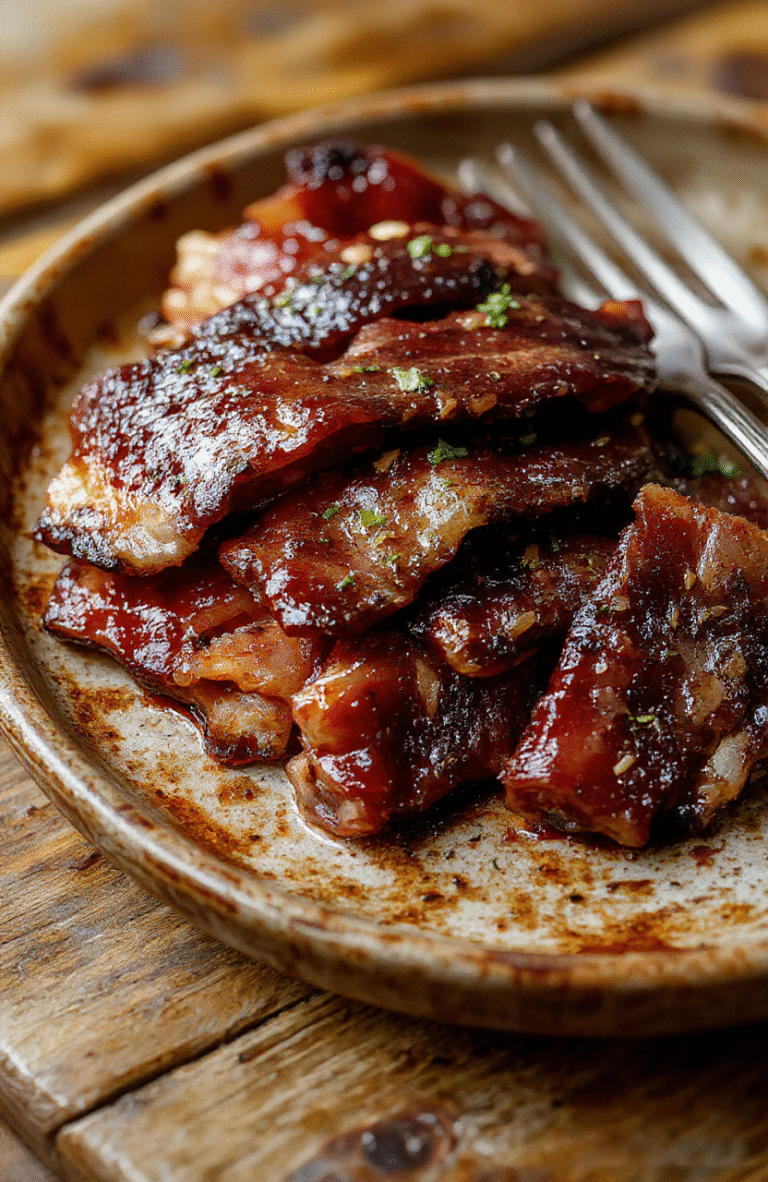 Glossy, caramelized bacon-wrapped mini smokies arranged in a rustic ceramic bowl. Each smokie is glistening with sticky brown sugar glaze, with crisp, reddish-brown bacon edges curling slightly. Sprinkled with coarse black pepper and fresh parsley. Natural light highlights the sticky sheen and smoky texture.