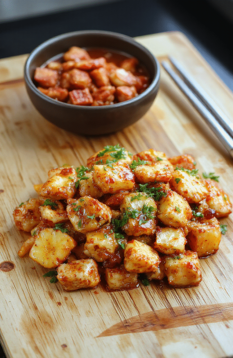 Golden-brown pineapple chicken pieces with vibrant bell peppers and red onion, glistening in a glossy sweet-savory glaze, served over fluffy white rice in a white ceramic bowl with a sprig of fresh cilantro beside it on a rustic wooden board.