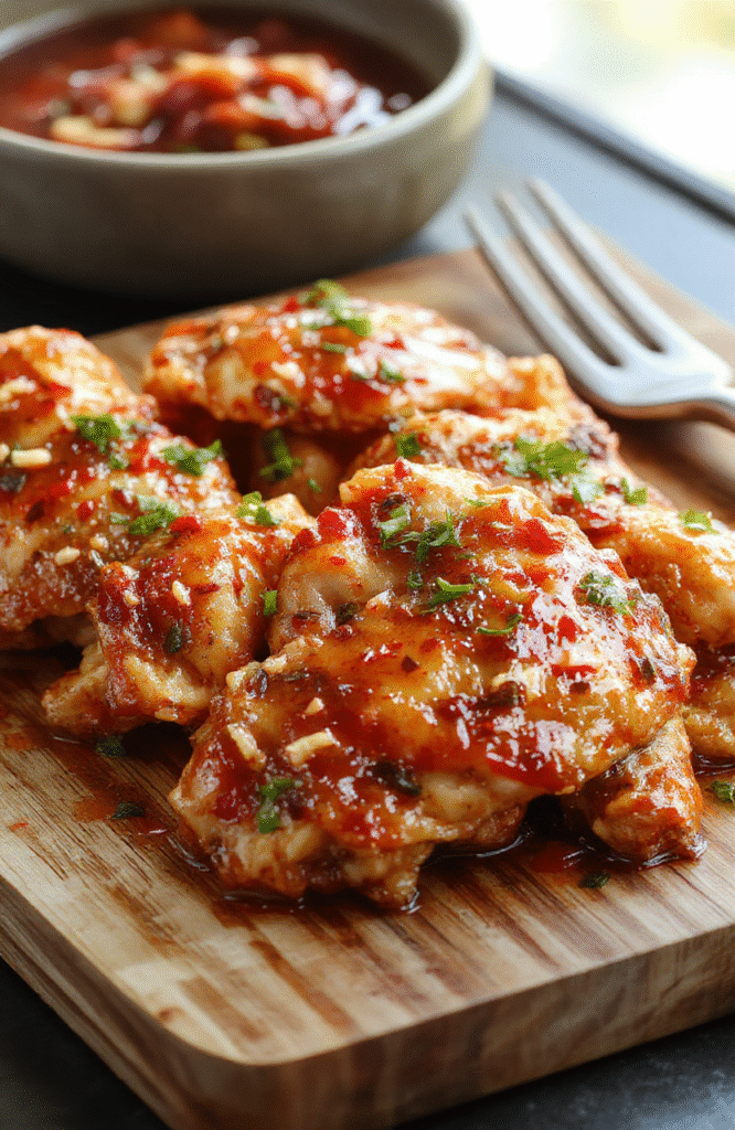 Golden-brown honey pepper chicken pieces glistening with sticky glaze, nestled on a rustic wooden cutting board with sliced bell peppers, red onion rings, and fresh cilantro, vibrant red and orange hues contrasting with green herbs and black pepper specks