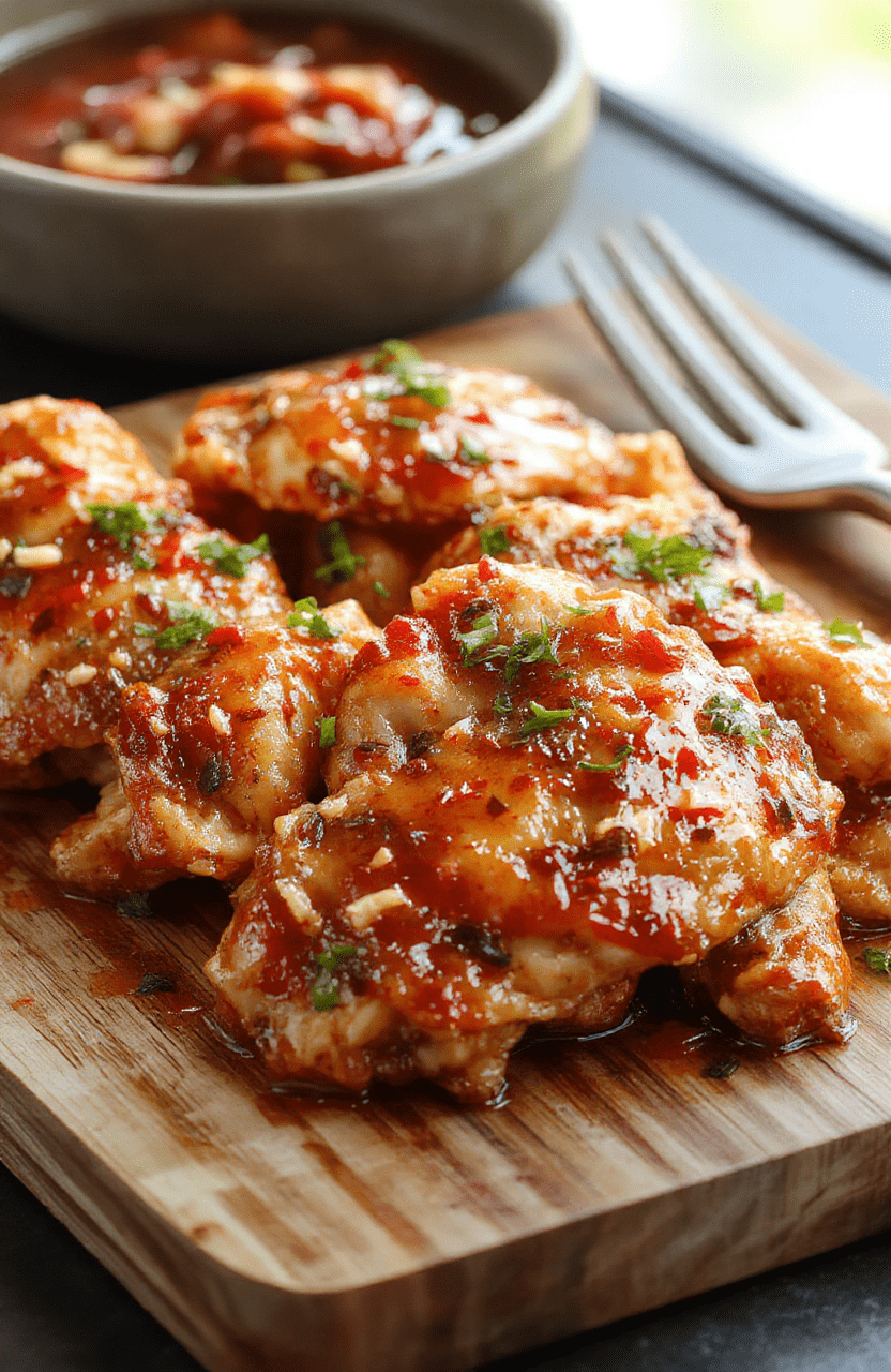 Golden-brown honey pepper chicken pieces glistening with sticky glaze, nestled on a rustic wooden cutting board with sliced bell peppers, red onion rings, and fresh cilantro, vibrant red and orange hues contrasting with green herbs and black pepper specks