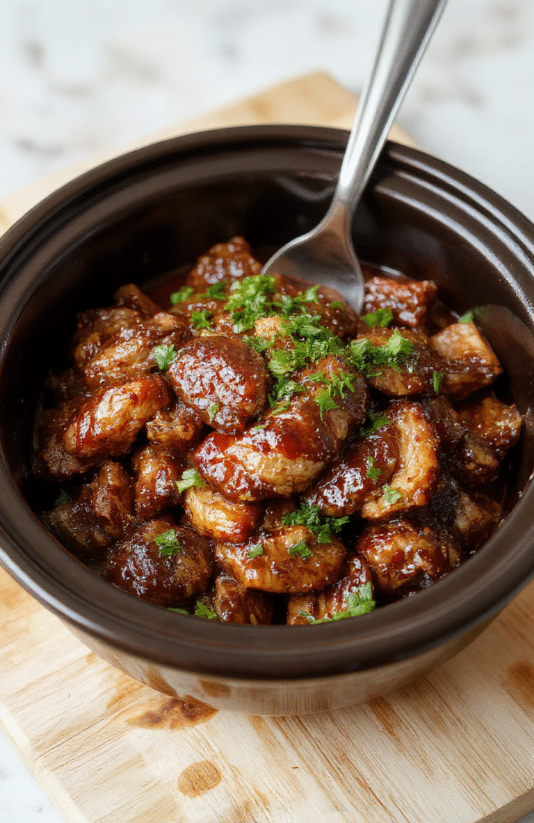 A steaming slow cooker filled with tender golden-brown chicken thighs coated in glossy, deep amber bourbon glaze, glistening with caramelized soy sauce and brown sugar, garnished with sesame seeds and sliced green onions, served in a rustic ceramic bowl beside fluffy white rice on a light maple wood table.