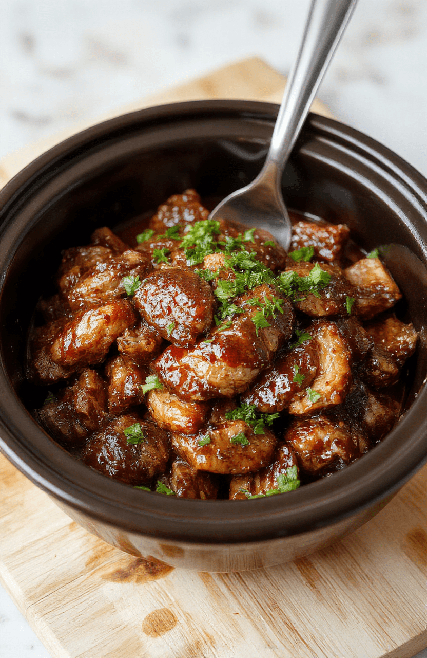 A steaming slow cooker filled with tender golden-brown chicken thighs coated in glossy, deep amber bourbon glaze, glistening with caramelized soy sauce and brown sugar, garnished with sesame seeds and sliced green onions, served in a rustic ceramic bowl beside fluffy white rice on a light maple wood table.