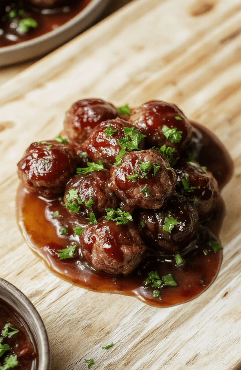 Glossy red grape jelly glazed meatballs in a shallow ceramic dish, glistening under natural light, garnished with fresh parsley and a few whole maraschino cherries beside them,背景 with subtle wooden tabletop texture