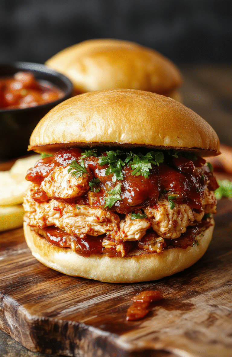 Juicy shredded golden-brown BBQ chicken piled high on a toasted soft bun with slathered tangy barbecue sauce, golden onions, and fresh dill garnish, served on a rustic wooden board with a side of classic slaw in a mason jar.