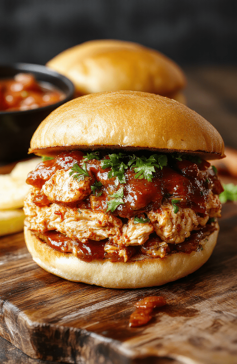 Juicy shredded golden-brown BBQ chicken piled high on a toasted soft bun with slathered tangy barbecue sauce, golden onions, and fresh dill garnish, served on a rustic wooden board with a side of classic slaw in a mason jar.