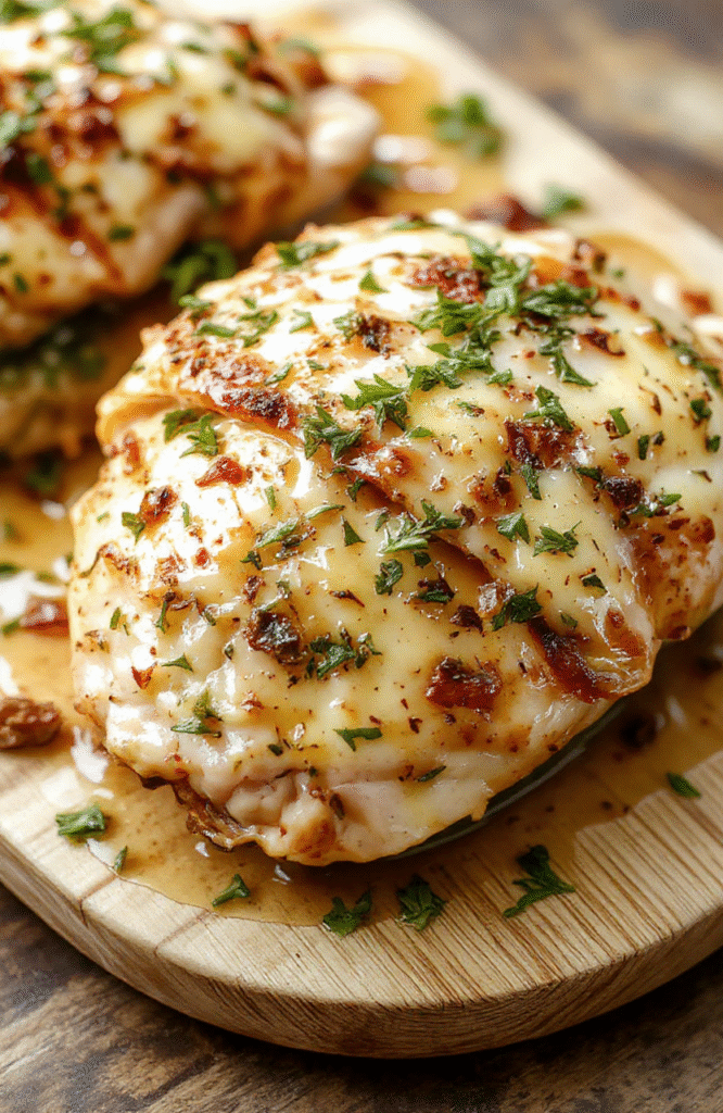 Seared golden-brown chicken thighs glistening with golden garlic butter sauce, nestled on a baked sheet pan alongside roasted baby potatoes and broccolini, garnished with fresh parsley and garlic slices, on a rustic wooden board with soft natural lighting and shallow depth of field