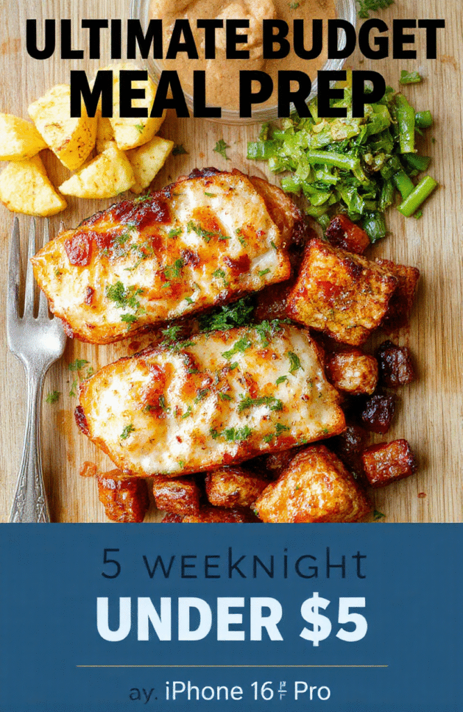 Overhead flat-lay of five meal-prepped containers: brown rice with chickpeas and roasted veggies, lentil soup in a mason jar, vegetable stir-fry with tofu, black bean and corn salad, and oats with banana and peanut butter—on a light wooden surface with natural daylight and soft shadows.
