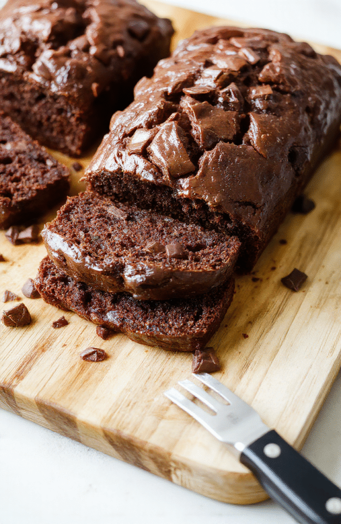 A golden-brown chocolate banana bread loaf slice on a wooden cutting board, glistening with dark chocolate chunks, soft crumb texture, visible banana swirls, dusted with powdered sugar, beside a ripe banana and chocolate shavings on a rustic farmhouse table with natural light.