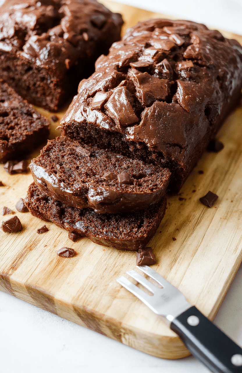 A golden-brown chocolate banana bread loaf slice on a wooden cutting board, glistening with dark chocolate chunks, soft crumb texture, visible banana swirls, dusted with powdered sugar, beside a ripe banana and chocolate shavings on a rustic farmhouse table with natural light.